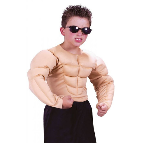 Child Muscle Shirt. This padded, light flesh tone fabric shirt features a Velcro closure in the back. Size small fits 4 - 6, Medium 8 - 10, and Large 12 -14.