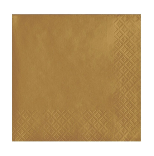 Solid Gold Beverage Napkins. These small, 2-ply paper napkins feature a solid gold color. Perfect for holidays, birthdays, weddings, and more! Package includes 40 count napkins measuring 5in x 5in when folded.