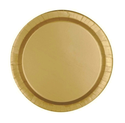 Solid Gold Paper Dessert Plates. These sturdy paper plates feature a solid gold color with a slight shimmer. Package includes 20 count 6.75in plates.
