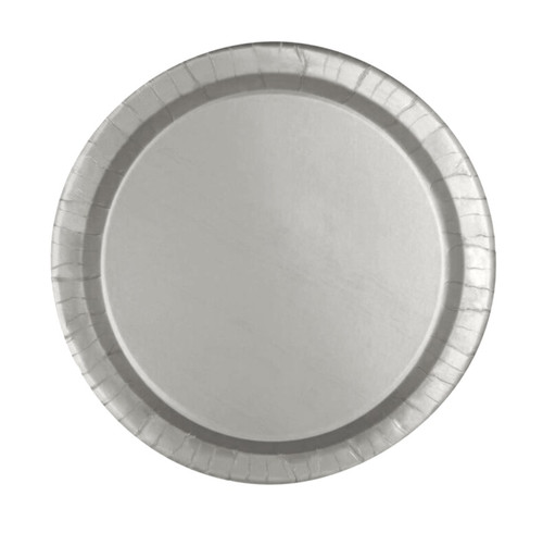 Silver Gray Paper Dessert Plates. These sturdy paper plates feature a silver color with a slight shimmer. Package includes 20 count 6.75in plates.