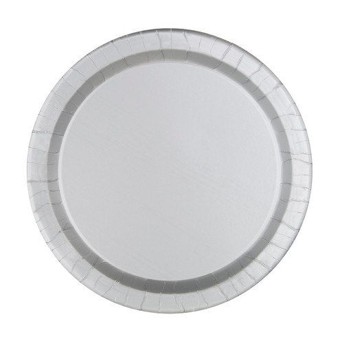 Silver Gray Paper Dessert Plates. These sturdy paper plates feature a silver color with a slight shimmer. Package includes 20 count 6.75in plates.