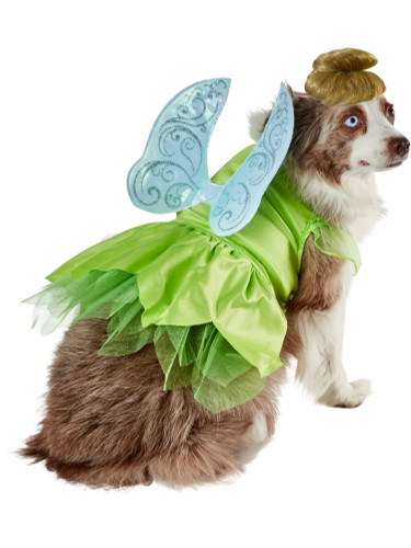 Tinker Bell Pet Costume. The outfit features a shimmery green dress with attached to the back are glittery wings. The costume also includes a blonde Tinkerbell wig, with elastic loops that go around the ears and a chin strap. Size Small is 17in chest, 11in neck to tail. Medium 20in chest, 15in neck to tail. Large is 23in chest, 22in neck to tail. X Large is 27in chest, 28in neck to tail. Tinker Bell Pet Costume. The outfit features a shimmery green dress with attached to the back are glittery wings. The costume also includes a blonde Tinkerbell wig, with elastic loops that go around the ears and a chin strap. Size Small is 17in chest, 11in neck to tail. Medium 20in chest, 15in neck to tail. Large is 23in chest, 22in neck to tail. X Large is 27in chest, 28in neck to tail.