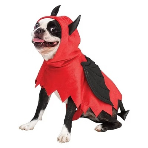 Devil Doggie Pet Poncho. This red polyester hooded poncho includes attached black horns, bat-like wings, and a pointed tail. Velcro closures make it easy to put on and take off. Small/Medium fits 11 - 28lbs, Large/X Large 29 - 75lbs.