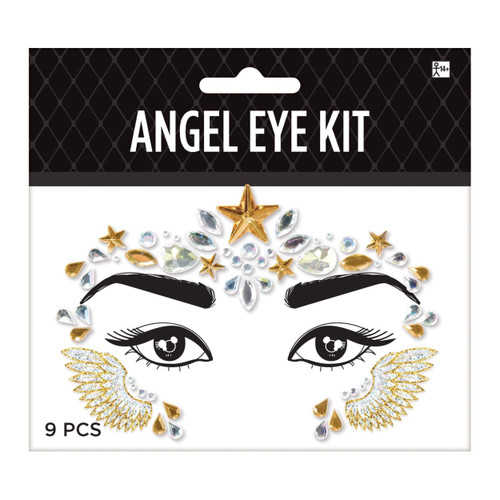 Angel Eye Kit. Featuring a mix of gold and iridescent gems, along with angel wing shapes, this glittery sticker set is easy to apply and remove with soap and warm water. For best results, avoid using on sensitive skin. 1 set includes 9 pieces: 1 forehead piece, 2 eyebrow pieces, and 6 under eye pieces. One time use, intended for adult novelty use. Angel Eye Kit. Featuring a mix of gold and iridescent gems, along with angel wing shapes, this glittery sticker set is easy to apply and remove with soap and warm water. For best results, avoid using on sensitive skin. 1 set includes 9 pieces: 1 forehead piece, 2 eyebrow pieces, and 6 under eye pieces. One time use, intended for adult novelty use.