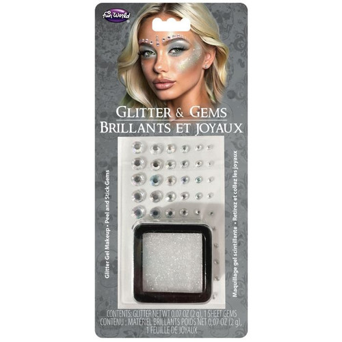 Iridescent Glitter & Gems. This kit includes a mix of self-adhesive gems in various sizes, plus a blend of fine iridescent glitter gel. Package includes glitter Net WT .07oz and 1 sheet of gems. Iridescent Glitter & Gems. This kit includes a mix of self-adhesive gems in various sizes, plus a blend of fine iridescent glitter gel. Package includes glitter Net WT .07oz and 1 sheet of gems.