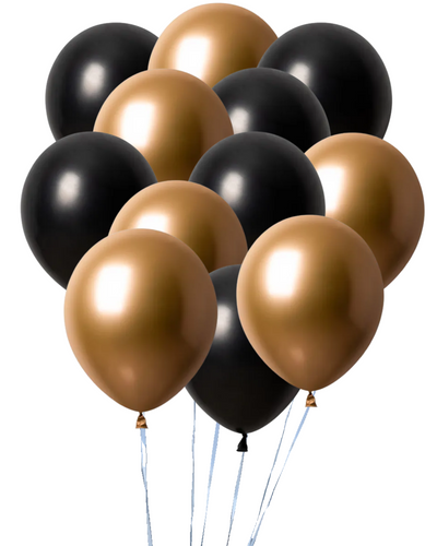 Dozen Balloons Grouped together 6 platinum gold and 6 pearl black Dozen Balloons Grouped together 6 platinum gold and 6 pearl black
