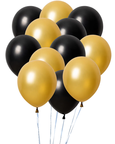 Dozen Balloons Grouped together 6 pearl gold and 6 pearl black Dozen Balloons Grouped together 6 pearl gold and 6 pearl black