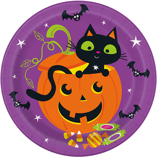 Cat & Pumpkin Luncheon Plates! These purple paper plates feature a cat popping out of a jackolantern, along with bats, stars, and candy. Package includes 8 count 8.5in plates.