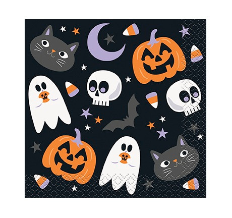 Halloween Night Beverage Napkins. Featuring a black background, these 2-ply paper napkins have a pattern of cat faces, skulls, stars, jackolanterns, bats, candy corn, and ghosts in a black, white, orange, and purple color scheme. Package includes 16 count napkins measuring 5in when folded.