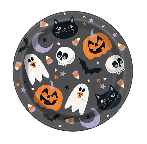Halloween Night Dessert Plates. These paper plates feature a dark grey background with bats, stars, crescent moons, candy corn, cat faces, skulls, and jackolanterns in black, white, light purple, and orange. Package includes 8 count plates measuring 6.75in.