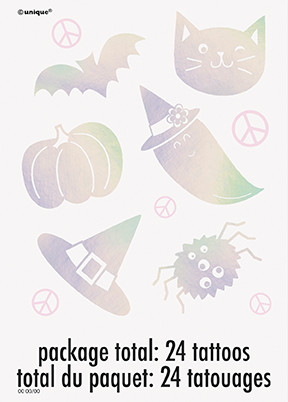 Iridescent Foil Halloween Tattoos. These shiny temporary tattoos feature ghosts wearing witch hats, witch hats, pumpkins, bats, spiders, and cat faces. Package includes 4 sheets with 6 tattoos on each sheet. 24 tattoos total.