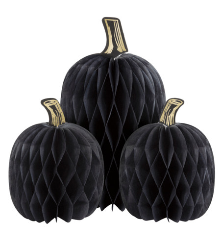 Black and Gold Pumpkin Honeycomb Centerpieces. Each set includes three black honeycomb tissue paper pumpkins with gold foil-accented stems. Package includes 3 count decorations. 1 measuring 8in, 2 measuring 5.7in.
