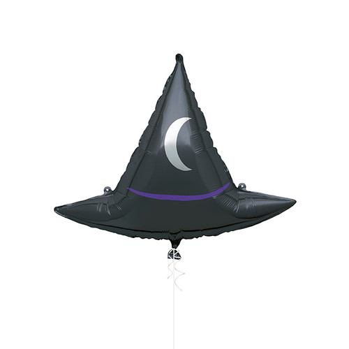 Witch Hat Balloon. Shaped like a classic pointed black witch hat, it features a purple band and a silver crescent moon Balloon is approximately 25 inches after inflation.