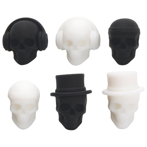 Skull Drink Markers. Each set includes small white and black skulls, some featuring fun details like top hats or headphones. Package includes 6 count drink markers measuring about .75in.