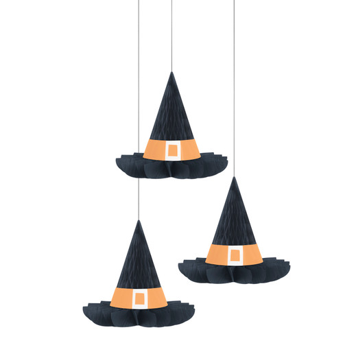 Honeycomb Witch Hat Hanging Decorations. This set includes black honeycomb witch hast that open up into a 3D shape, finished with a bright orange band. Package includes 3 count decorations measuring 11in.