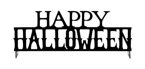 Happy Halloween Acrylic Centerpiece. Featuring a layered design with the word "HAPPY" stacked over "HALLOWEEN," this all-black piece is a perfect accent on tables, mantels, or party displays. Measures 14.5in x 5in.
