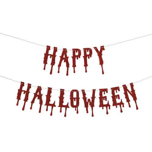 Happy Halloween Red Glitter Banner. Featuring glittery red letters designed to look like they're dripping. The words "HAPPY" and "HALLOWEEN" are strung on separate strands. 2 pieces, total length 10ft.