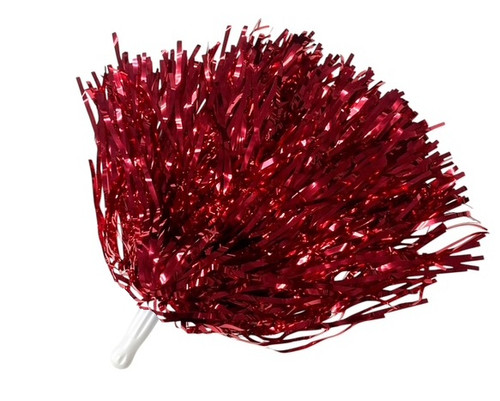 Metallic Red Pom Poms. These classic pom poms feature a white handle and metallic red fringe strands. Package includes 2 count, 12 inch pom poms.