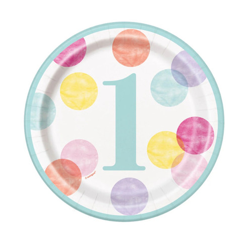 Pink Dots First Birthday Dessert Plates. These white paper plates feature dots in pink, yellow, purple, and blue. A light blue "1" is in the center with a matching light blue trim. Package includes 8 count plates measuring 6.75in. Pink Dots First Birthday Dessert Plates. These white paper plates feature dots in pink, yellow, purple, and blue. A light blue "1" is in the center with a matching light blue trim. Package includes 8 count plates measuring 6.75in.