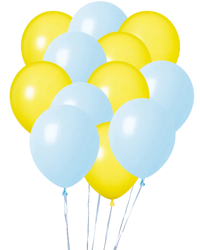 Dozen Balloons Grouped together 6 pastel blue and 6 yellow balloons.