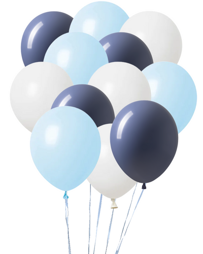 Dozen Balloons Grouped together 4 pastel blue, 4 blue haze, and 4 white balloons.