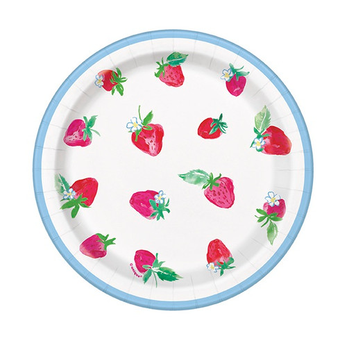 Sweet Strawberry Dessert Plates. Featuring a white background with a light blue trim, these small paper plates are decorated with a watercolor-like drawing of ripe strawberries with green leaves, some with tiny blossoms. Package includes 8 count plates measuring 6.75in. Sweet Strawberry Dessert Plates. Featuring a white background with a light blue trim, these small paper plates are decorated with a watercolor-like drawing of ripe strawberries with green leaves, some with tiny blossoms. Package includes 8 count plates measuring 6.75in.