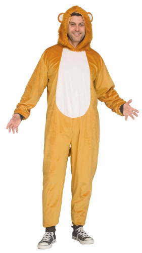 E-Z Adult Lion Jumpsuit. Made from soft, yellowish-brown fabric, this polyester hooded jumpsuit features a cream-colored belly and a detachable lion tail. The hood is topped with fluffy faux fur and rounded lion ears. Shoes not included. Medium fits most up to 5ft 8in, 160lbs. Large fits most up to 6ft, 200lbs.