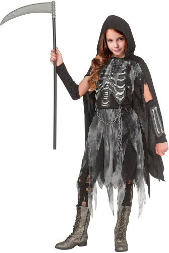 Bone Reaper Child Costume. This hauntingly cool outfit features a black hooded cape paired with a tattered grey dress and a chain belt. EVA bones on the dress and sleevelets create a skeletal look. Tights, boots, and scythe not included. Size Medium fits 8 - 10, size Large fits 12 - 14, and size X Large fits 14 - 16. Bone Reaper Child Costume. This hauntingly cool outfit features a black hooded cape paired with a tattered grey dress and a chain belt. EVA bones on the dress and sleevelets create a skeletal look. Tights, boots, and scythe not included. Size Medium fits 8 - 10, size Large fits 12 - 14, and size X Large fits 14 - 16.