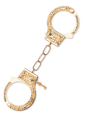 Gold Rhinestone Handcuffs. These gold metal cuffs feature a sparkling faux rhinestone design and include 2 keys, as well as a safety latch for easy removal. One size fits most.