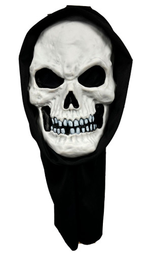 Skull Mask with Hood. Featuring a black fabric hood and a white skull mask. The mask glows in the dark. One size fits most adults and teens. Skull Mask with Hood. Featuring a black fabric hood and a white skull mask. The mask glows in the dark. One size fits most adults and teens.