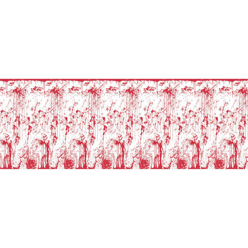 Bloody Wall Backdrop. This plastic wall decoration features a white backdrop covered in red blood splatters. Measures 4ft x 30ft.