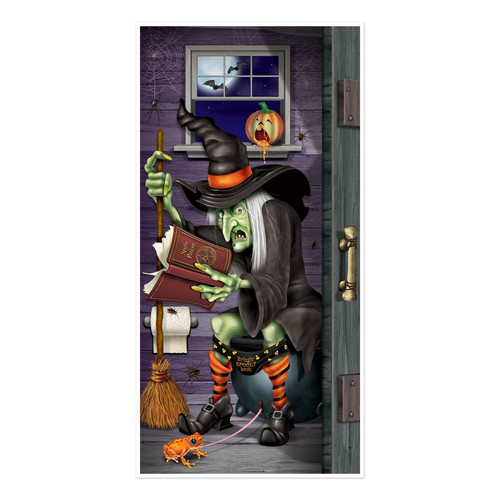 Witch Restroom Door Cover! This plastic cover features a surprised witch sitting on a toilet reading a spell book. Measures 30in x 5ft.