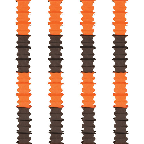 Halloween Ceiling Drops. This set includes four drops featuring a festive pattern of orange and black. Each drop measures 4.5 inches by 14 feet 6 inches, making them perfect for creating stunning streamers that hang beautifully from ceilings.