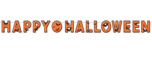 Glittered Happy Halloween Streamer. This cardstock streamer spells out "HAPPY HALLOWEEN" in glittery orange letters with black outlines on a string. Little black bats are incorporated in the letters with a circle separating the words. Measures 8.5in x 11ft.
