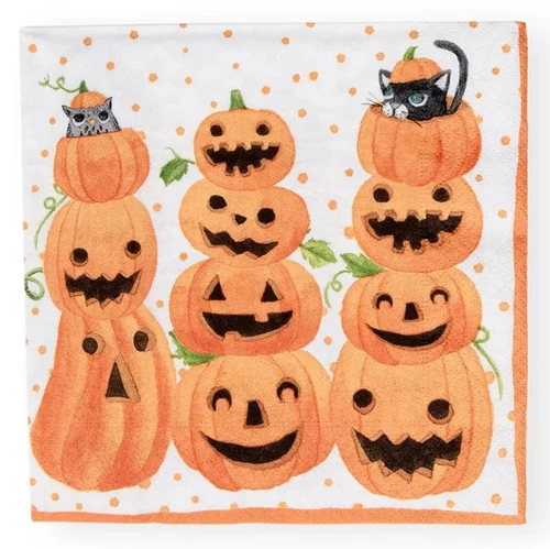 Jack O Lantern Luncheon Napkins. These festive 3-ply paper napkins feature a white background with an orange trim and tiny orange dots. The playful design showcases stacks of jack o lanterns with an owl and a cat peeking out from pumpkins at the top of the stacks. The napkins measure 6.5 inches by 6.5 inches when folded and include 20 count in each pack.