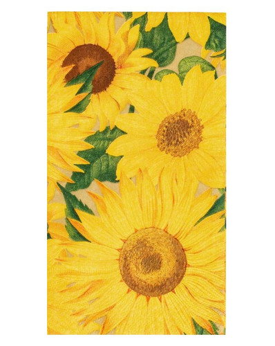 Sunflower Guest Towel Napkins. These 3-ply paper napkins feature an all over print of bright sunflowers. Package includes 15 count napkins measuring 7.75in x 4.25in when folded. Sunflower Guest Towel Napkins. These 3-ply paper napkins feature an all over print of bright sunflowers. Package includes 15 count napkins measuring 7.75in x 4.25in when folded.