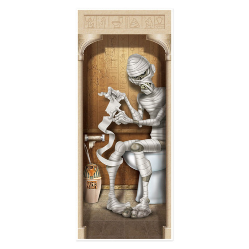 Mummy Restroom Door Cover. This plastic cover features a mummy sitting on a toilet, tearing off a piece of its bandages. Measures 30in x 6ft.