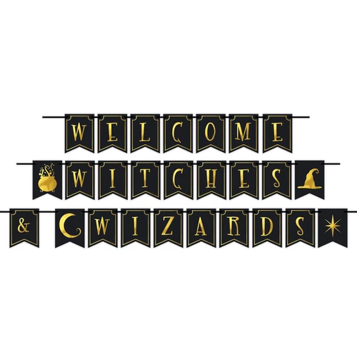 Welcome Witches & Wizards Streamer. Featuring black ribbon and black cardstock pennants, this banner spells out “WELCOME WITCHES & WIZARDS” in shimmering gold foil letters. Decorative gold foil symbols—like a witch hat, cauldron, and star—are included to space between the words. Assembly required. Measures 6in x 12ft.
