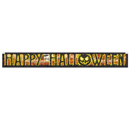 Happy Halloween Metallic Banner. This 1-ply metallic banner spells out "HAPPY HALLOWEEN" in black letters with yellow outlines with a jackolantern taking the place of the "O" in "HALLOWEEN." Behind the letters is an orange sky and sharp black fence with a bat silhouette flying in front of a moon. Measures 7.5in x 5ft.