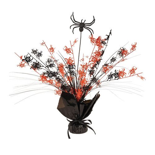 Spider Gleam 'N Spray Centerpiece. This festive decoration features a shiny black foil base that supports a dynamic spray of orange and black spiders bursting outward on metallic strands, with one larger black spider standing out. Measures 15in.
