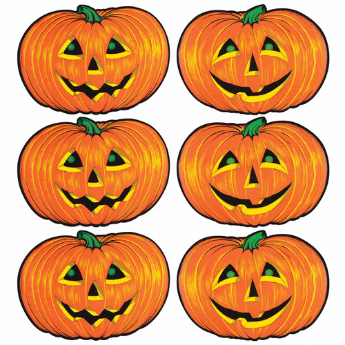 Jack O’ Lantern Cutouts. Made from cardstock and printed on both sides, these cutouts feature two versions of a classic smiling jack-o’-lantern face. Package includes 6 count decorations measuring 10in x 14in.