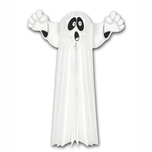 Tissue Hanging Ghost. Made from white tissue paper, this ghost features raised arms and a playful expression, as if it’s trying its best to be spooky. Measures 23in.