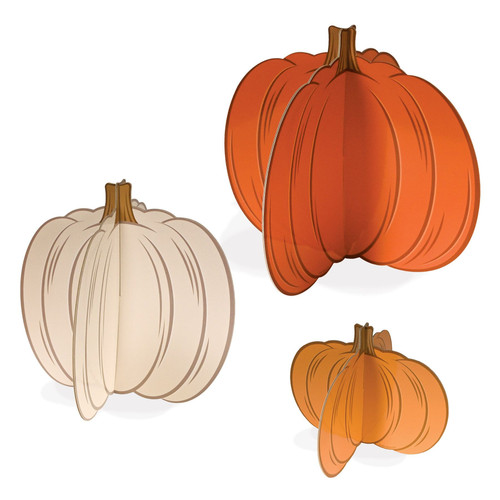 3D Pumpkin Centerpieces. Made from sturdy boardstock paper, this set includes three pumpkins in warm seasonal tones, orange, light orange, and an off-white, each topped with a brown stem. Assembly required. Package includes 3 count decorations. 1 count measures 6in x 8in, 1 count 10in x 10in, and 1 count 10.5in x 12in.