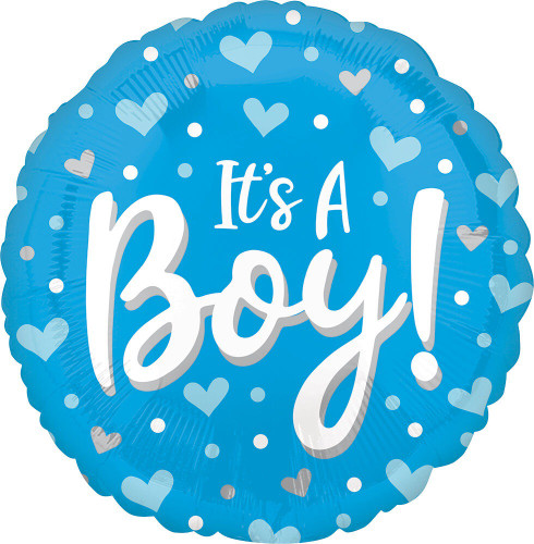 It's a Boy Hearts & Dots Balloon. This circular blue foil balloon features a design of hearts and dots in white, light blue, and silver, with the phrase “It’s A Boy!” displayed in white script at the center. Balloon is approximately 18 inches after inflation.