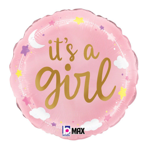 It's a Girl Stars & Clouds Balloon. This circular pink foil balloon features a design of clouds, stars, and a crescent moon in shades of white, yellow, pink, and purple, with the phrase “it’s a girl!” displayed in lowercase gold script at the center. Balloon is approximately 18 inches after inflation.