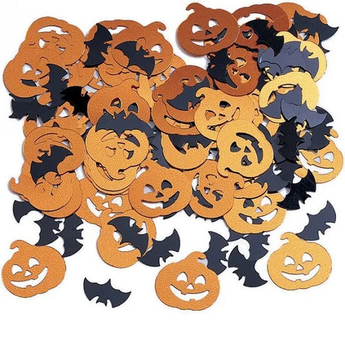 Bats and Pumpkins Confetti. This shimmery mix features confetti pieces shaped like classic orange jack-o'-lanterns and black bats. Net WT .5oz.