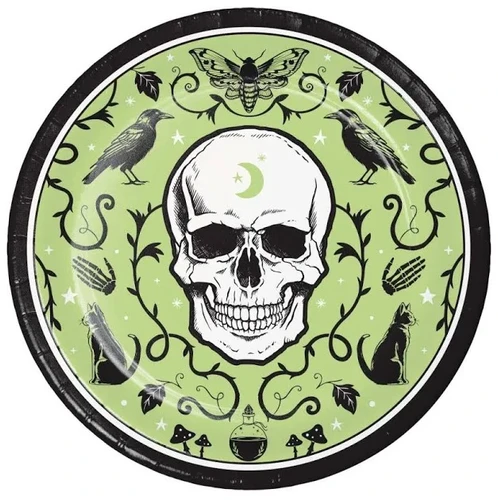 Spooky Season Luncheon Plates. Featuring a light green background, each paper plate showcases a symmetrical pattern of crows, black cats, a bug, and winding vines, all framed with a black trim. At the center, a white skull is adorned with a green crescent moon on its forehead. Package includes 8 count plates measuring 8.75in.