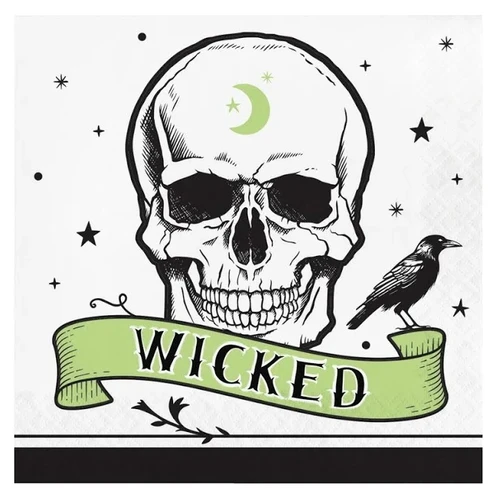 Spooky Season Luncheon Napkins. Featuring a white background with black stars, these 2-ply paper napkins feature a skull with a light green crescent moon on its forehead and a light green banner with the black text "WICKED" and a black crow. Package includes 16 count napkins that measure 6.5in x 6.5in when folded.