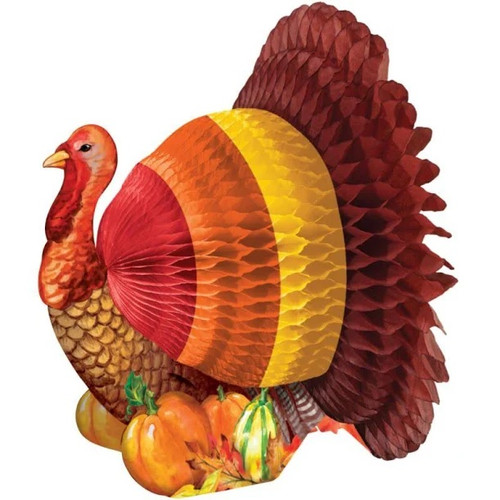 Turkey Honeycomb Centerpiece. Made from a combination of printed cardstock and tissue paper, this festive decoration features a colorful turkey sitting amongst pumpkins and fall leaves. Measures 6in.