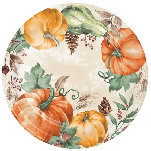 Harvest Delight Luncheon Plates. These off-white paper plates feature an illustration of gourds and fall foliage in muted greens and oranges. Package includes 8 count plates measuring 8.75in.